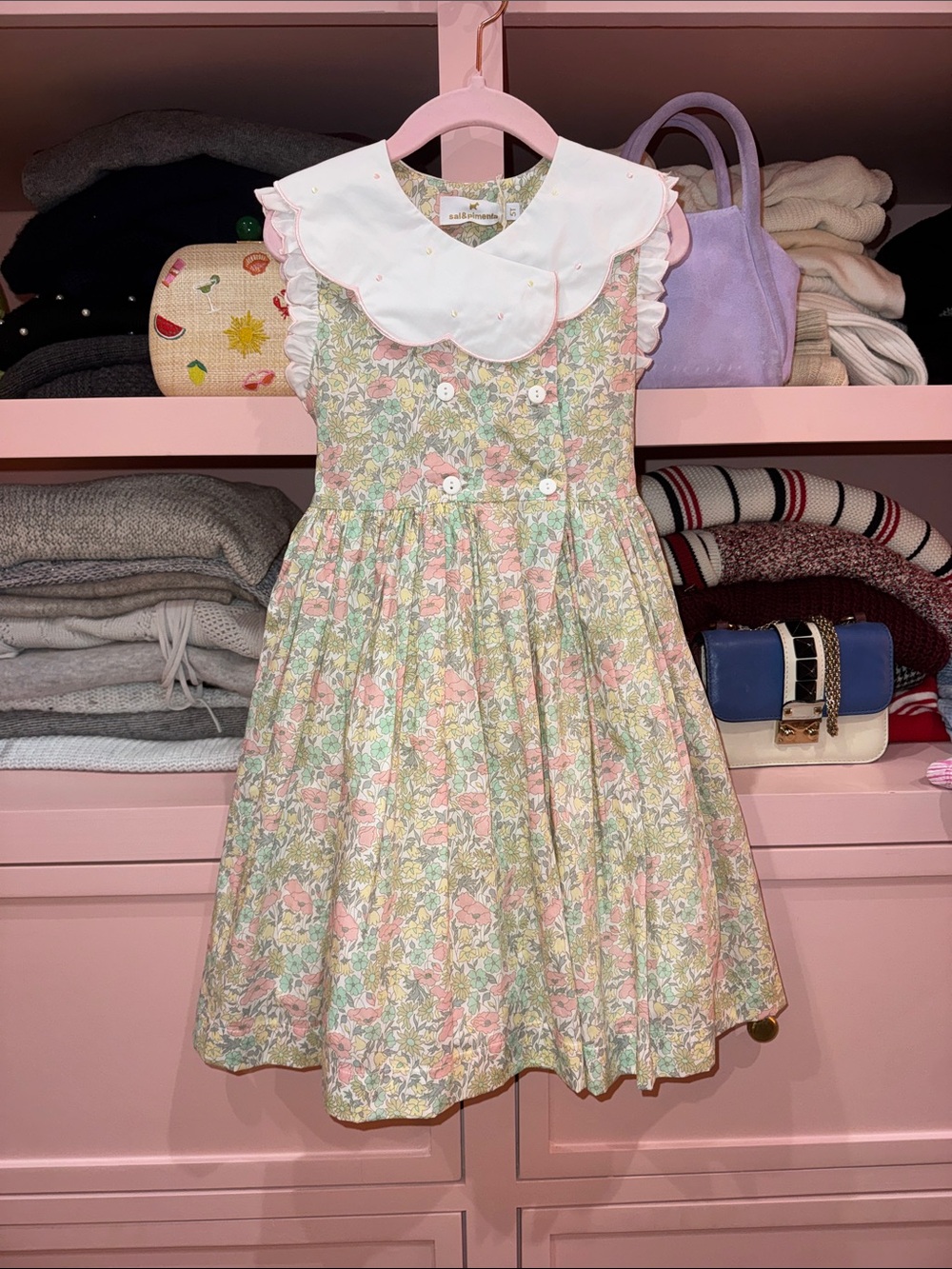 Girls Floral Cotton Dress with White Scalloped Collar